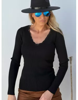 Sous-pull avec laine, maille côtelée, manches longues, encolure v dentelle, coloris noir, Réf: LA1841DN
