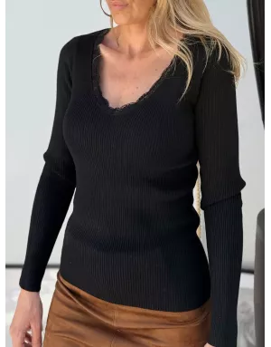 Sous-pull avec laine, maille côtelée, manches longues, encolure v dentelle, coloris noir, Réf: LA1841DN