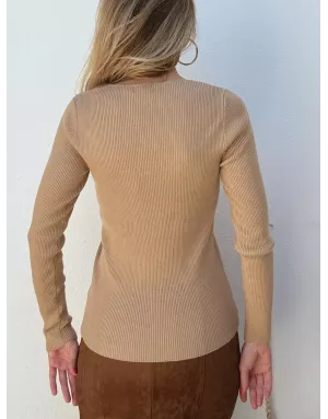 Sous-pull avec laine, maille côtelée, manches longues, encolure v dentelle, coloris camer, Réf: LA1841DN