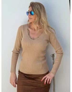Sous-pull avec laine, maille côtelée, manches longues, encolure v dentelle, coloris camer, Réf: LA1841DN