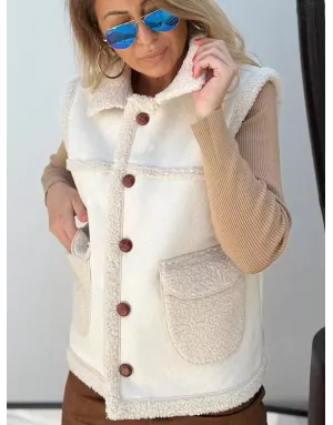 Gilet sans manches Molly Bracken, bi-matière, imitation peau retournée et mouton, coloris beige- Référence : T2132DH