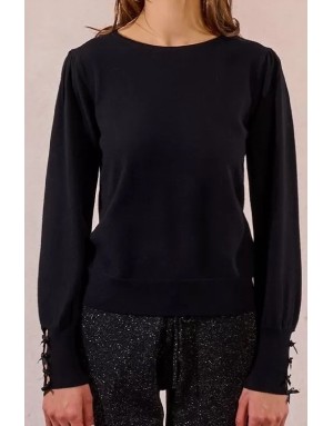 Pull fantaisie, encolure ronde, noeuds fantaisies, coloris noir,  Molly Bracken - Référence : LA1840DN