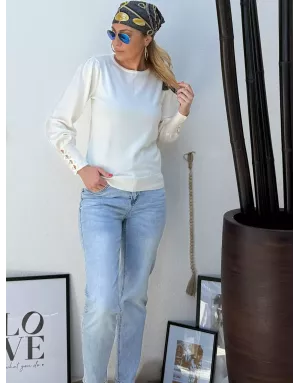 Pull fantaisie, encolure ronde, noeuds fantaisies, coloris blanc cassé  Molly Bracken - Référence : LA1840DN