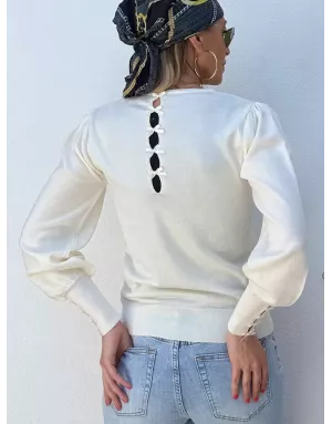 Pull fantaisie, encolure ronde, noeuds fantaisies, coloris blanc cassé  Molly Bracken - Référence : LA1840DN