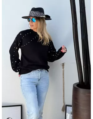 Pull fantaisie en maille, application de perles, coloris noir Molly Bracken - Référence: LA1827DH