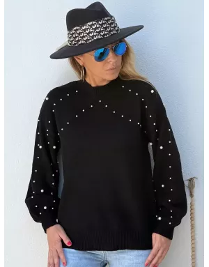 Pull fantaisie en maille, application de perles, coloris noir Molly Bracken - Référence: LA1827DH