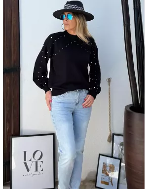 Pull fantaisie en maille, application de perles, coloris noir Molly Bracken - Référence: LA1827DH