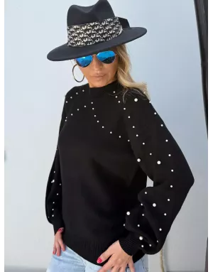 Pull fantaisie en maille, application de perles, coloris noir Molly Bracken - Référence: LA1827DH