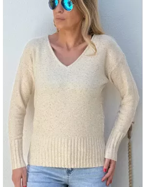 Pull fantaisie en maille, parsemé de fins sequins, fils lurex, coloris crème, Molly Bracken - Référence: LA1590DN