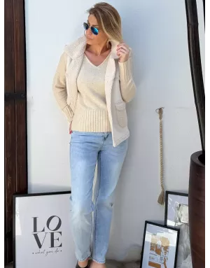Pull fantaisie en maille, parsemé de fins sequins, fils lurex, coloris crème, Molly Bracken - Référence: LA1590DN