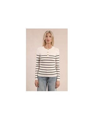 Pull fin rayé, maille côtelée, manches longues, encolure festonné, coloris écru/navy  Molly Bracken - Référence : LA1834DN