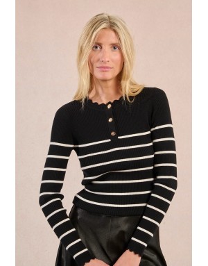 Pull fin rayé, maille côtelée, manches longues, encolure festonné, coloris noir/blanc  Molly Bracken - Référence : LA1834DN