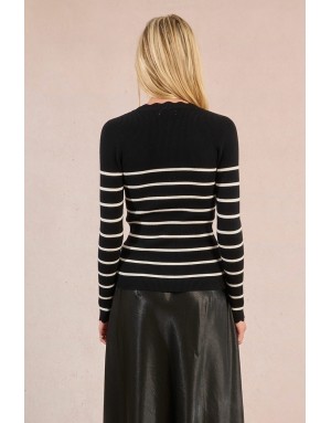 Pull fin rayé, maille côtelée, manches longues, encolure festonné, coloris noir/blanc  Molly Bracken - Référence : LA1834DN