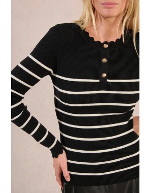 Pull fin rayé, maille côtelée, manches longues, encolure festonné, coloris noir/blanc  Molly Bracken - Référence : LA1834DN