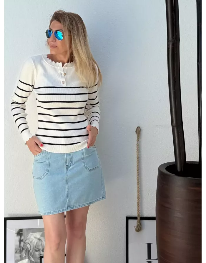 Pull fin rayé, maille côtelée, manches longues, encolure festonné, coloris écru/navy  Molly Bracken - Référence : LA1834DN