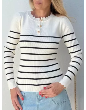 Pull fin rayé, maille côtelée, manches longues, encolure festonné, coloris écru/navy  Molly Bracken - Référence : LA1834DN