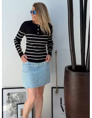 Pull fin rayé, maille côtelée, manches longues, encolure festonné, coloris noir/blanc  Molly Bracken - Référence : LA1834DN