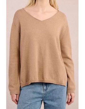 Pull maille pailletée Molly Bracken, col v, coloris beige, référence LA1832DN