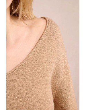Pull maille pailletée Molly Bracken, col v, coloris beige, référence LA1832DN