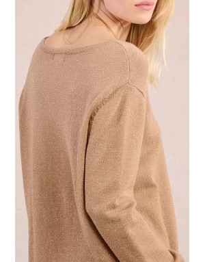 Pull maille pailletée Molly Bracken, col v, coloris beige, référence LA1832DN