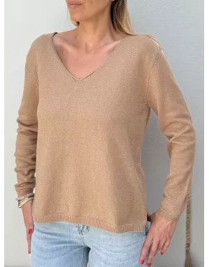 Pull maille pailletée Molly Bracken, col v, coloris beige, référence LA1832DN