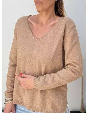 Pull maille pailletée Molly Bracken, col v, coloris beige, référence LA1832DN