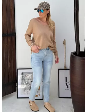 Pull maille pailletée Molly Bracken, col v, coloris beige, référence LA1832DN