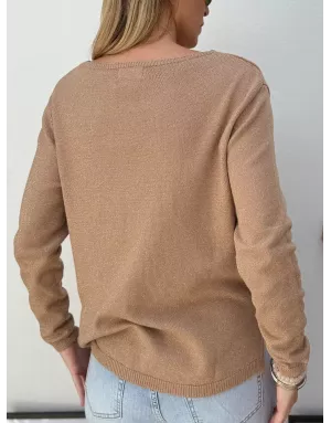 Pull maille pailletée Molly Bracken, col v, coloris beige, référence LA1832DN