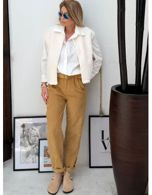 Pantalon velours côtelé Molly Bracken, taille haute, coupe droite légèrement ballon, ceinture amovible - Référence : T1432DN