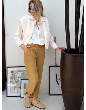 Pantalon velours côtelé Molly Bracken, taille haute, coupe droite légèrement ballon, ceinture amovible - Référence : T1432DN