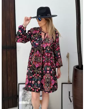 Robe fluide Molly Bracken, imprimé folk coloré sur fond noir, , référence T1863DH