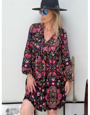 Robe fluide Molly Bracken, imprimé folk coloré sur fond noir, , référence T1863DH