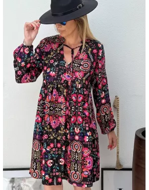 Robe fluide Molly Bracken, imprimé folk coloré sur fond noir, , référence T1863DH