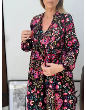 Robe fluide Molly Bracken, imprimé folk coloré sur fond noir, , référence T1863DH