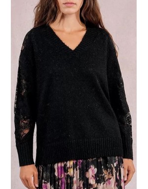 Pull maille avec laine Molly Bracken, manches ajourées insert de dentelle, coloris noir, référence E1740DN