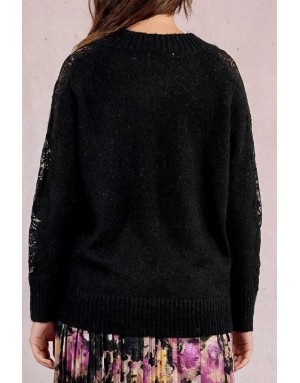 Pull maille avec laine Molly Bracken, manches ajourées insert de dentelle, coloris noir, référence E1740DN