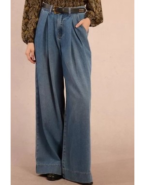 Denim large avec plis Molly Bracken, taille mi-haute, délavage blue denim - Référence : E1749DH