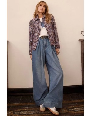 Denim large avec plis Molly Bracken, taille mi-haute, délavage blue denim - Référence : E1749DH