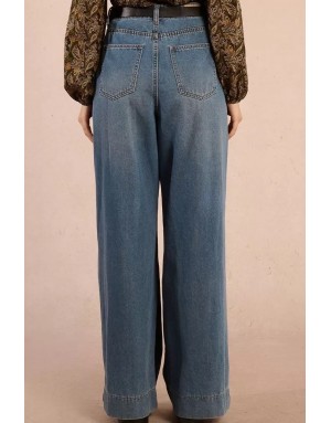 Denim large avec plis Molly Bracken, taille mi-haute, délavage blue denim - Référence : E1749DH