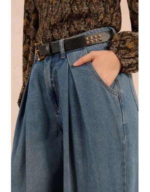 Denim large avec plis Molly Bracken, taille mi-haute, délavage blue denim - Référence : E1749DH