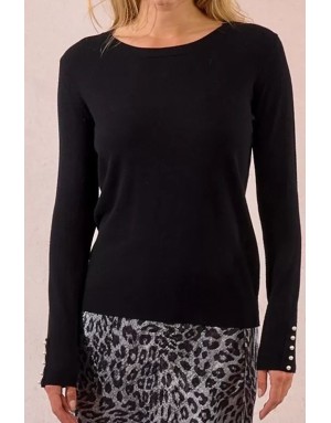 Pull fantaisie, encolure ronde, perles nacrées décoratives, coloris noir,  Molly Bracken - Référence : E998DN