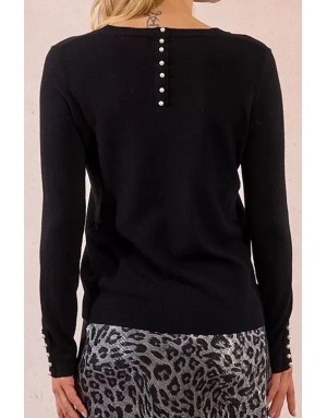 Pull fantaisie, encolure ronde, perles nacrées décoratives, coloris noir,  Molly Bracken - Référence : E998DN