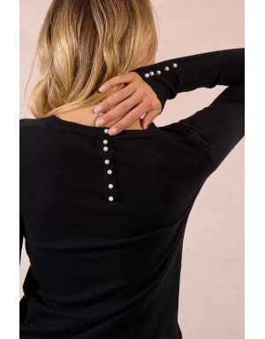 Pull fantaisie, encolure ronde, perles nacrées décoratives, coloris noir,  Molly Bracken - Référence : E998DN