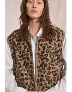 Veste sans manches Molly Bracken, fausse fourrure mouton, imprimé léopard - Référence : LA1750DH