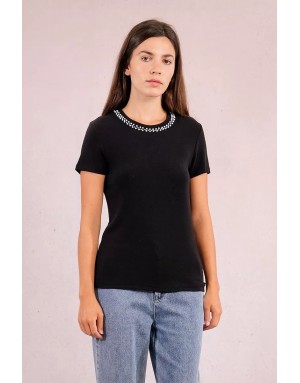 Tee-shirt fantaisie Molly Bracken, col perles, coloris noir - Référence : M154DN