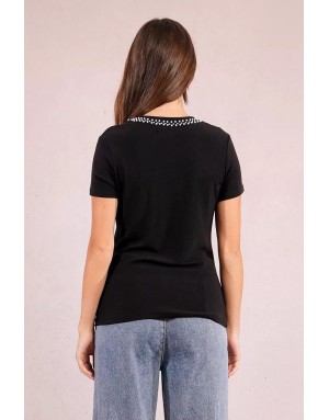 Tee-shirt fantaisie Molly Bracken, col perles, coloris noir - Référence : M154DN
