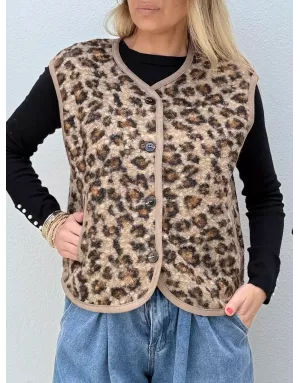 Veste sans manches Molly Bracken, fausse fourrure mouton, imprimé léopard - Référence : LA1750DH