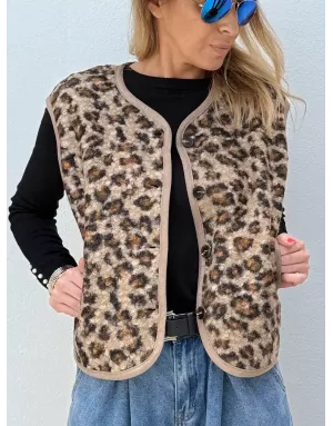 Veste sans manches Molly Bracken, fausse fourrure mouton, imprimé léopard - Référence : LA1750DH