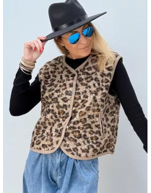 Veste sans manches Molly Bracken, fausse fourrure mouton, imprimé léopard - Référence : LA1750DH