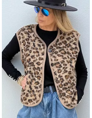 Veste sans manches Molly Bracken, fausse fourrure mouton, imprimé léopard - Référence : LA1750DH